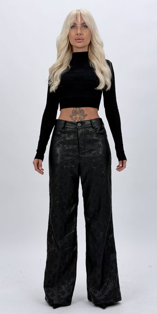 Pantalon wide leg din piele eco cu broderie, culoare neagră, croială largă modernă