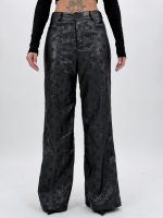 Pantalon negru wide leg din piele eco, detaliu broderie decorativă