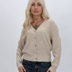 Cardigan tricotat cu nasturi aurii pentru femei, vedere frontală