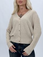 Pulover cardigan din tricot rigat, detaliu nasturi aurii
