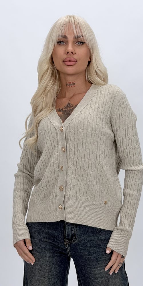 Cardigan cu model torsade și butoni aurii, vedere frontală