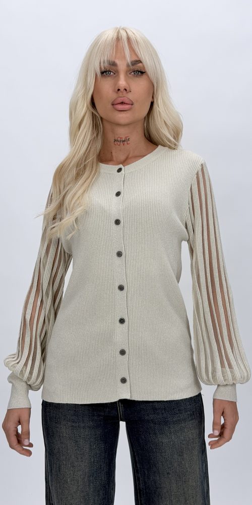 Pulover cardigan cu lurex și mâneci transparente, vedere frontală