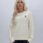 Pulover cu model torsade și urs brodat, vedere frontală