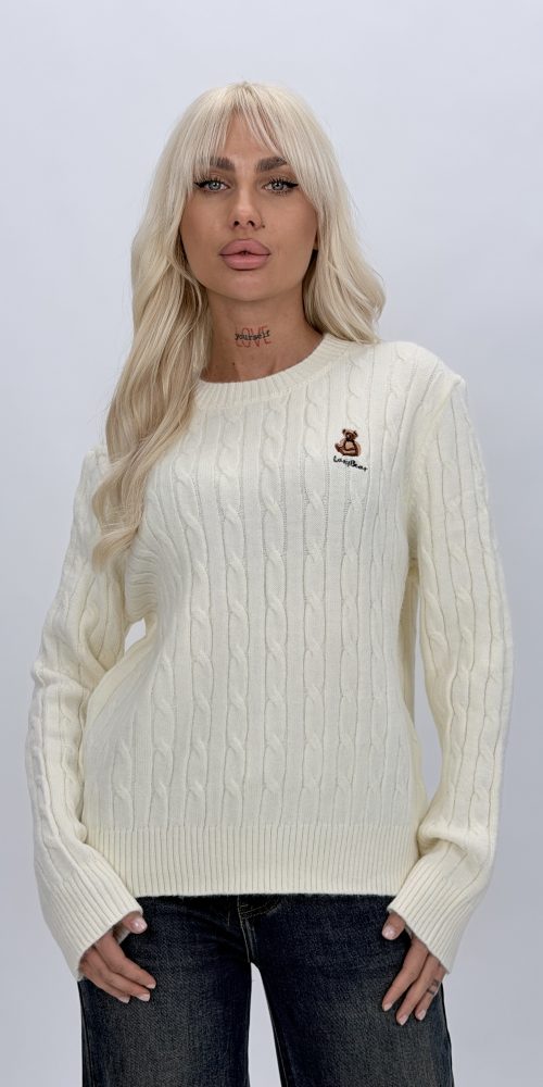 Pulover cu model torsade și urs brodat, vedere frontală