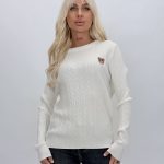 Pulover din tricot cu model torsade și urs brodat