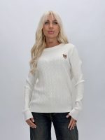Pulover din tricot cu model torsade și urs brodat