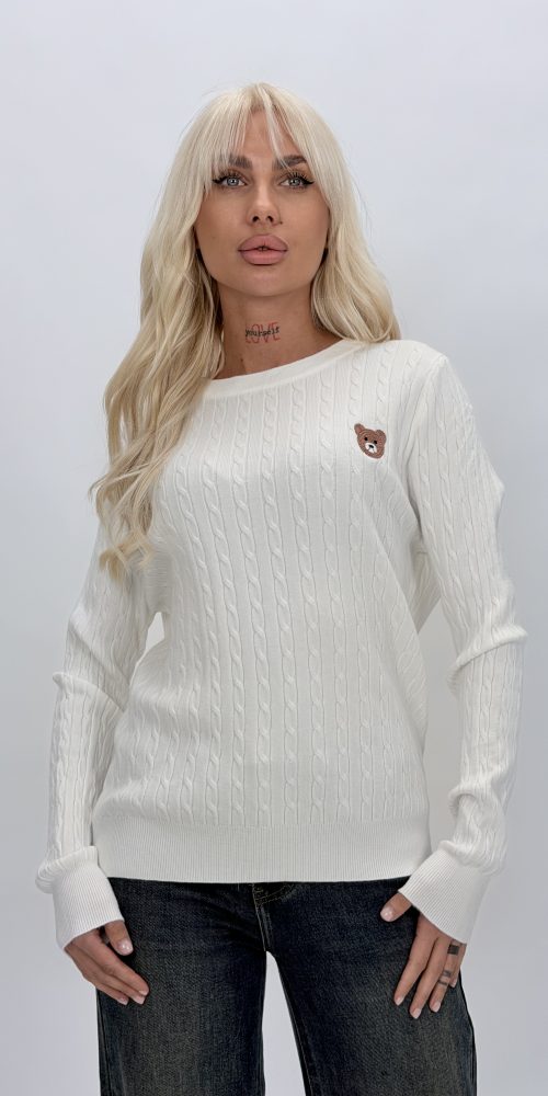 Pulover din tricot cu model torsade și urs brodat