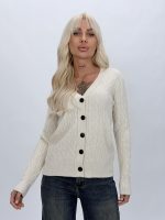 Pulover cardigan cu model torsade și nasturi negri