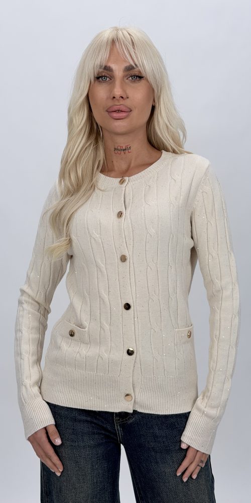 Pulover cardigan din tricot cu lurex, vedere frontală