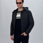 Jachetă matlasată bărbați cu glugă detașabilă, culoare bleumarin
