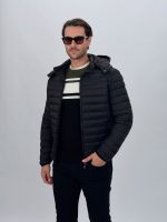 Jachetă matlasată bărbați cu glugă detașabilă, culoare bleumarin