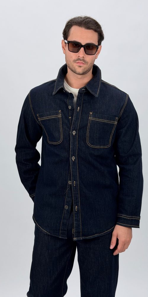 Cămașă din denim bărbați Indigo, croială modernă, vedere frontală